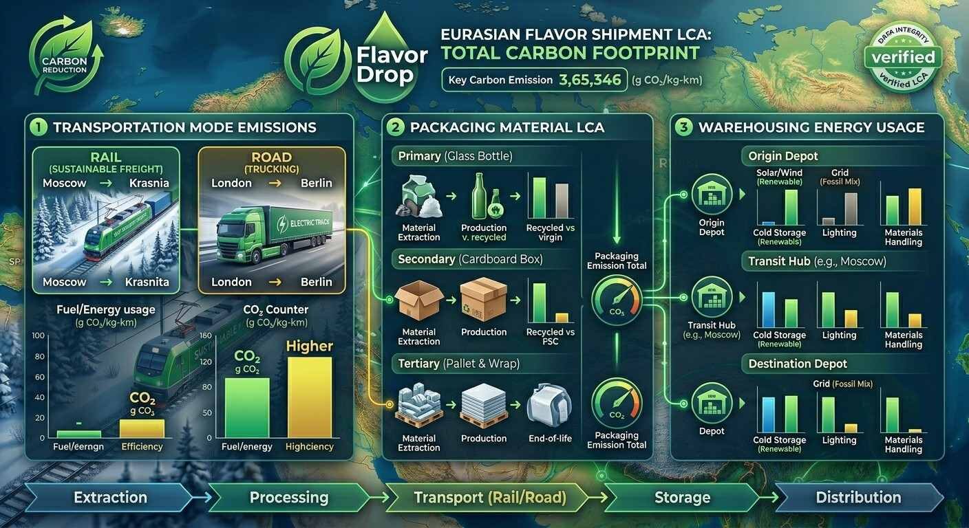 Infografía detallada que muestra el ACV del transporte de sabores, comparando las huellas de carbono del ferrocarril con las de la carretera.