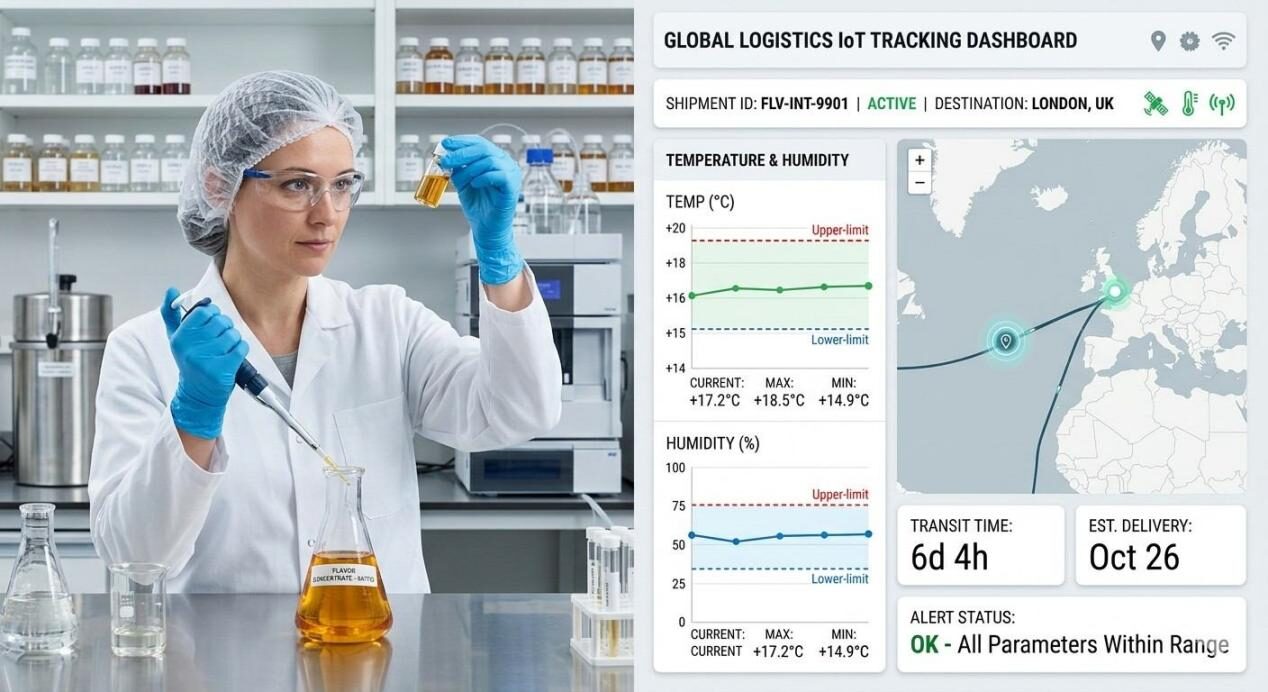 Visuel sur écran partagé montrant le contrôle qualité en laboratoire ainsi qu’un tableau de bord numérique pour le suivi IoT en temps réel des expéditions.