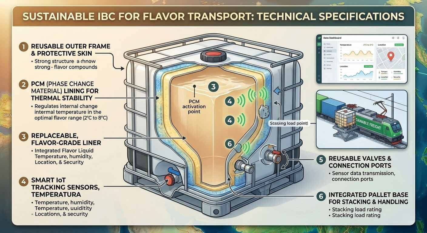 Sección transversal técnica de un IBC sostenible para el transporte de sabores con revestimiento PCM y sensores IoT.