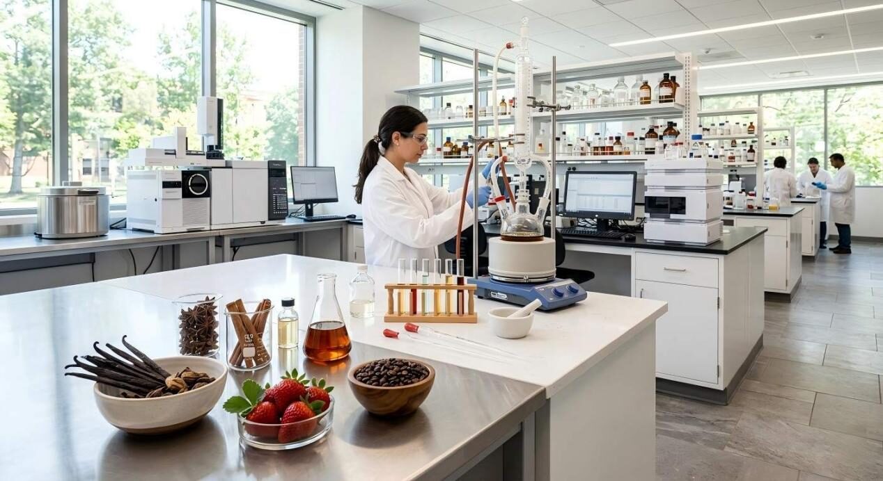 A high-resolution view inside a pristine, modern flavor laboratory featuring fresh botanical ingredients, scientific glassware, and clean-label extract manufacturing.