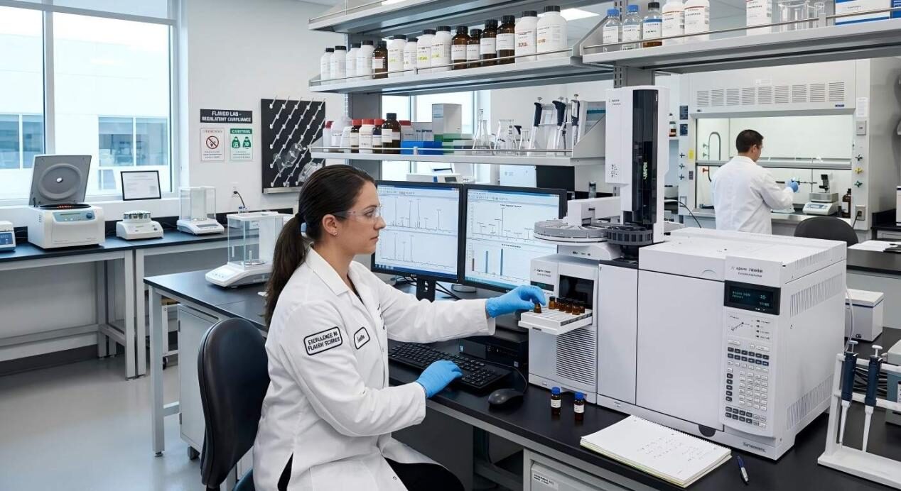 A professional scientist conducts precise flavor compound analysis using GC-MS technology in a sterile, compliant food chemistry laboratory.