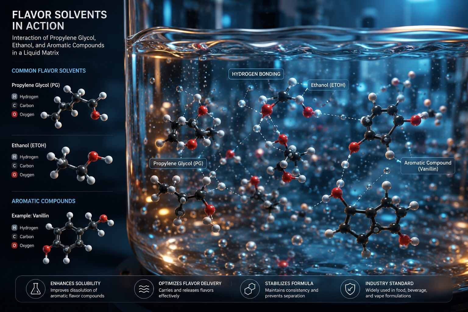 High-quality 3D rendering showing molecular interactions between propylene glycol, ethanol, and aromatic compounds in a liquid matrix, highlighting advanced food chemistry and flavor formulation processes.