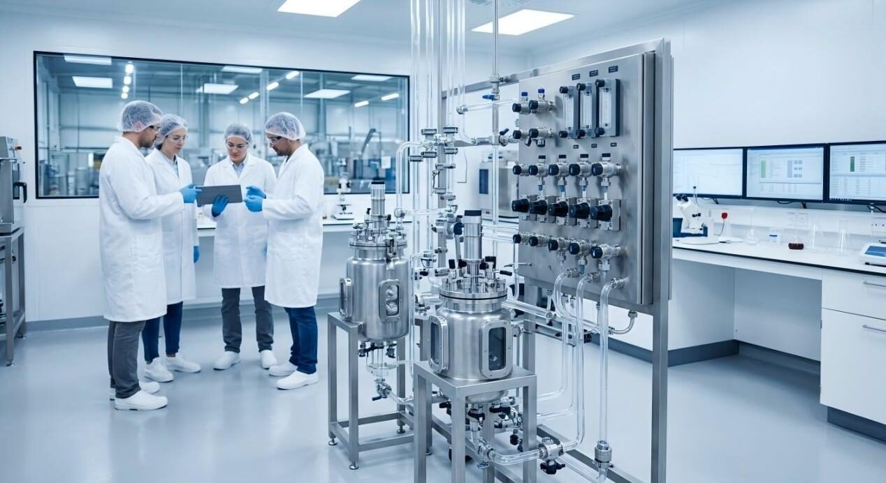 Professional view of a modern food laboratory featuring quality assurance specialists inspecting processing equipment.
