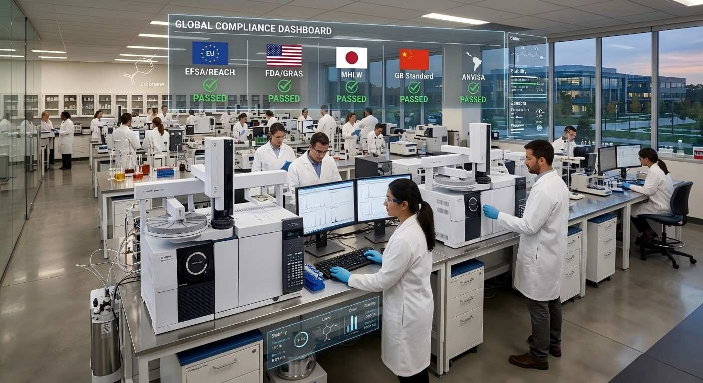 Explore our state-of-the-art flavor innovation center, featuring advanced GC-MS analysis and digital regulatory tracking for precision food science.