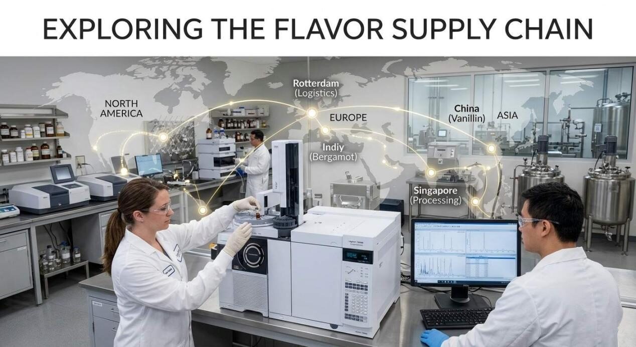 Professional technicians analyze aromatic compounds using gas chromatography in a modern flavor laboratory with global supply chain overlays.