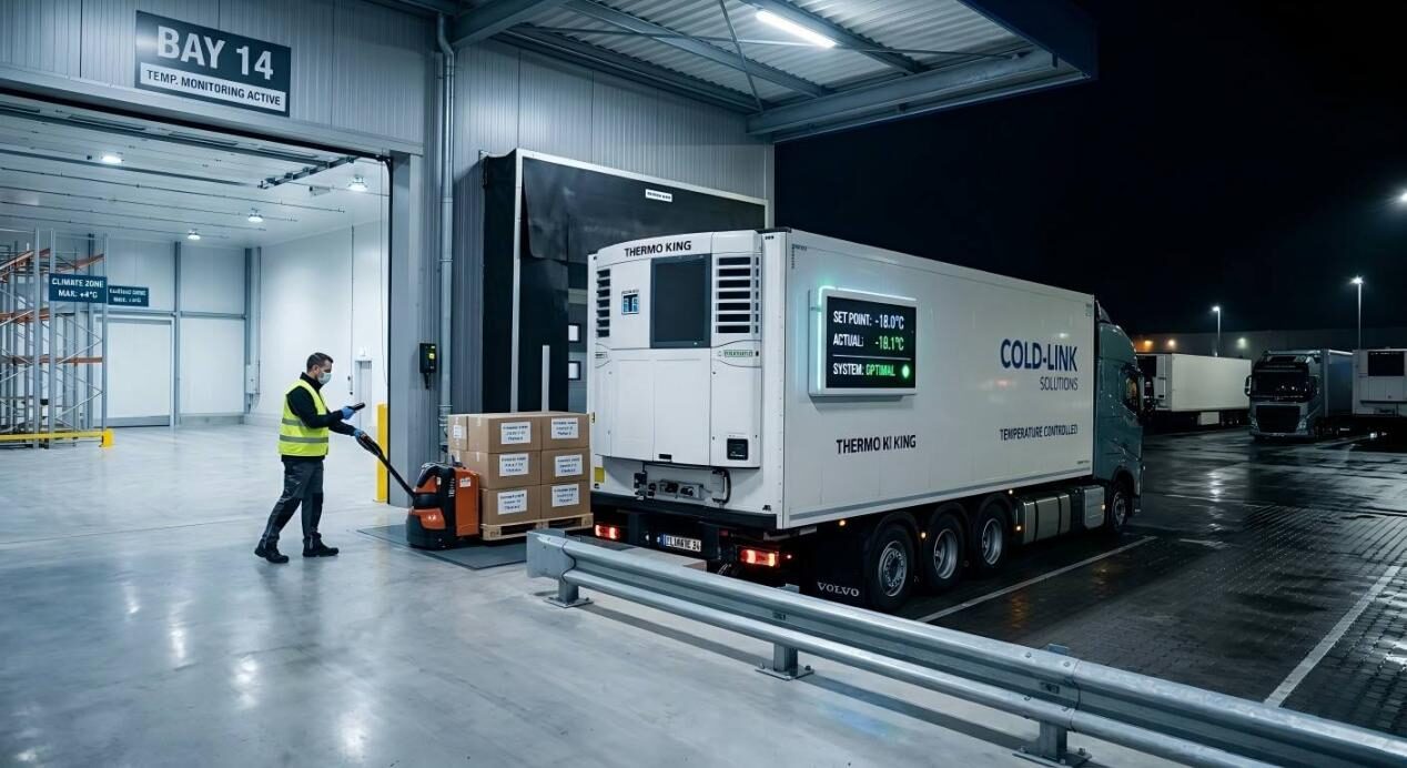 A cinematic view of a high-tech, climate-controlled logistics hub ensuring temperature-sensitive cargo safety.