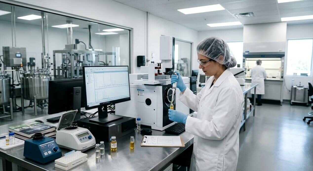 A professional lab technician tests liquid food flavorings using advanced GC-MS equipment in a modern facility.