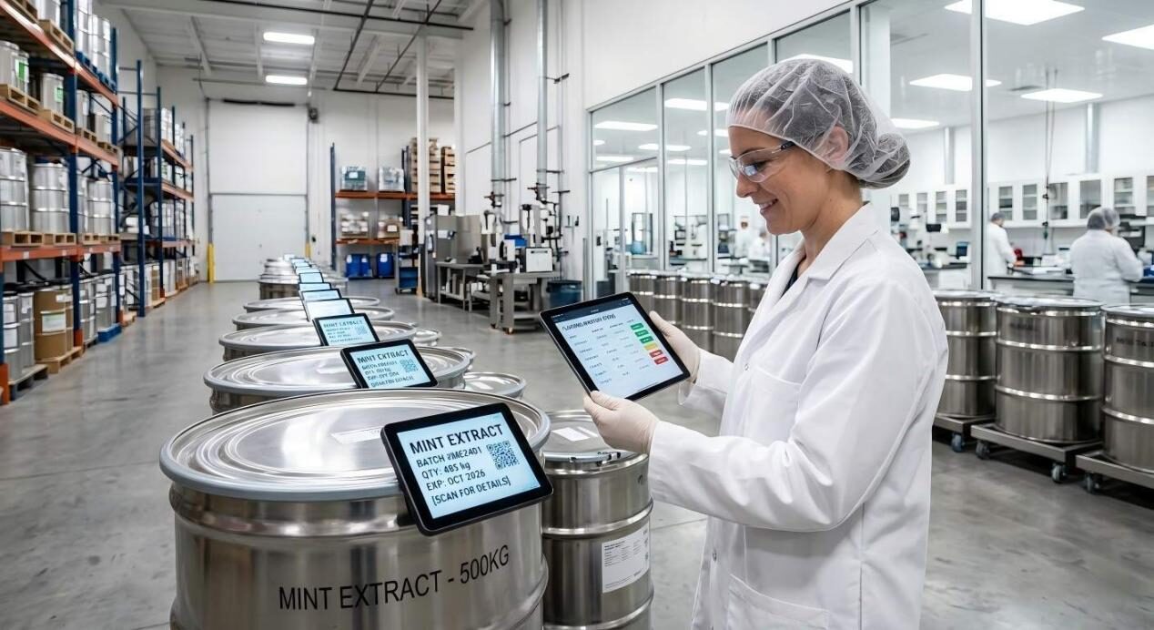 A professional photograph of a modern flavoring laboratory featuring a technician managing smart-labeled inventory with a tablet.