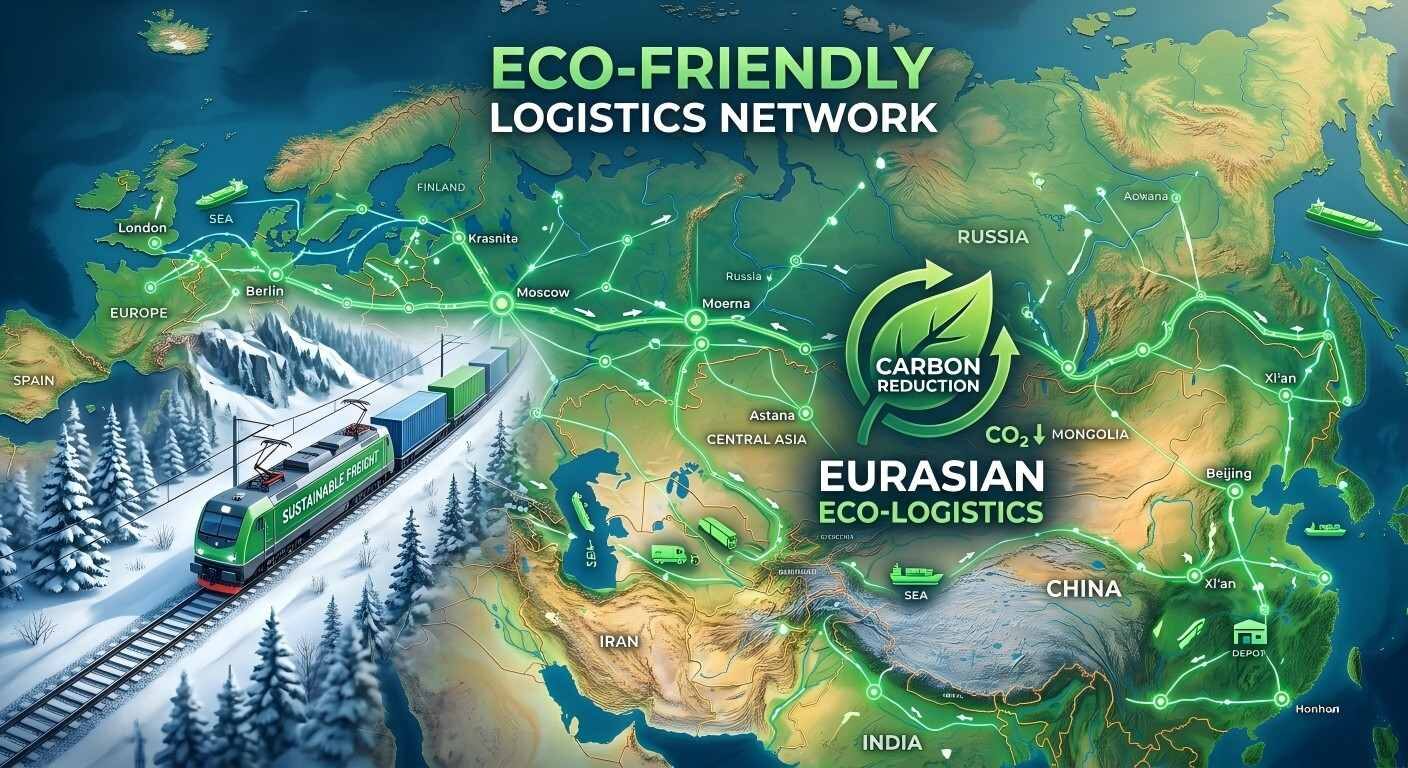A professional graphic showcasing a modern, eco-friendly logistics network across Eurasia.