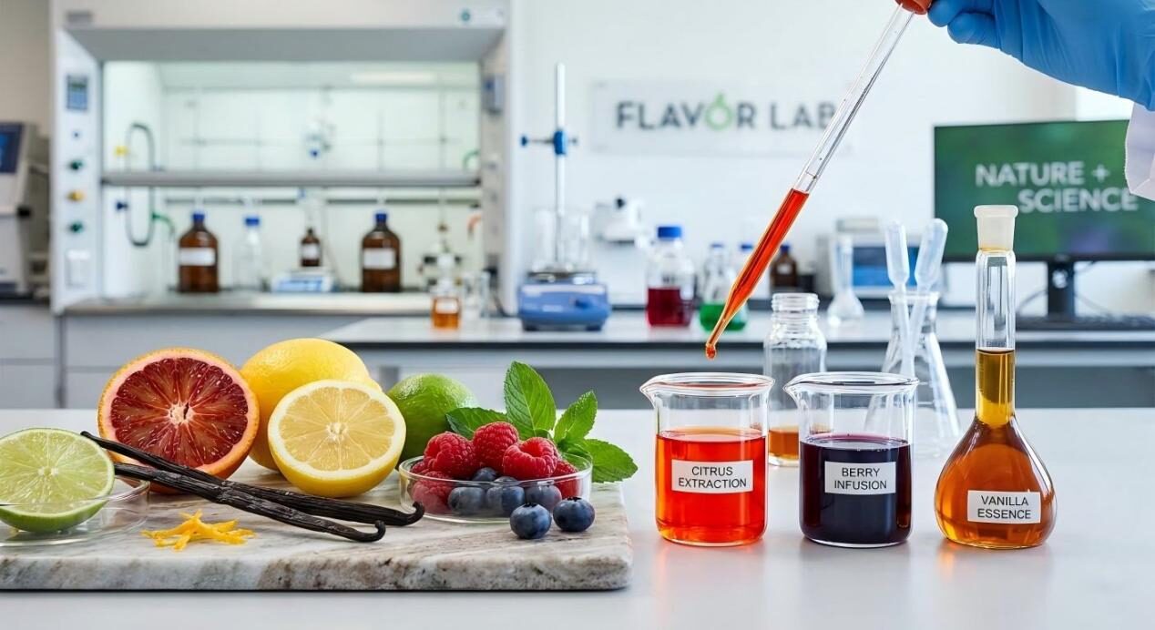 A vibrant look at the "Flavor Lab" where fresh citrus, berries, and vanilla meet scientific extraction techniques for natural taste profiles.