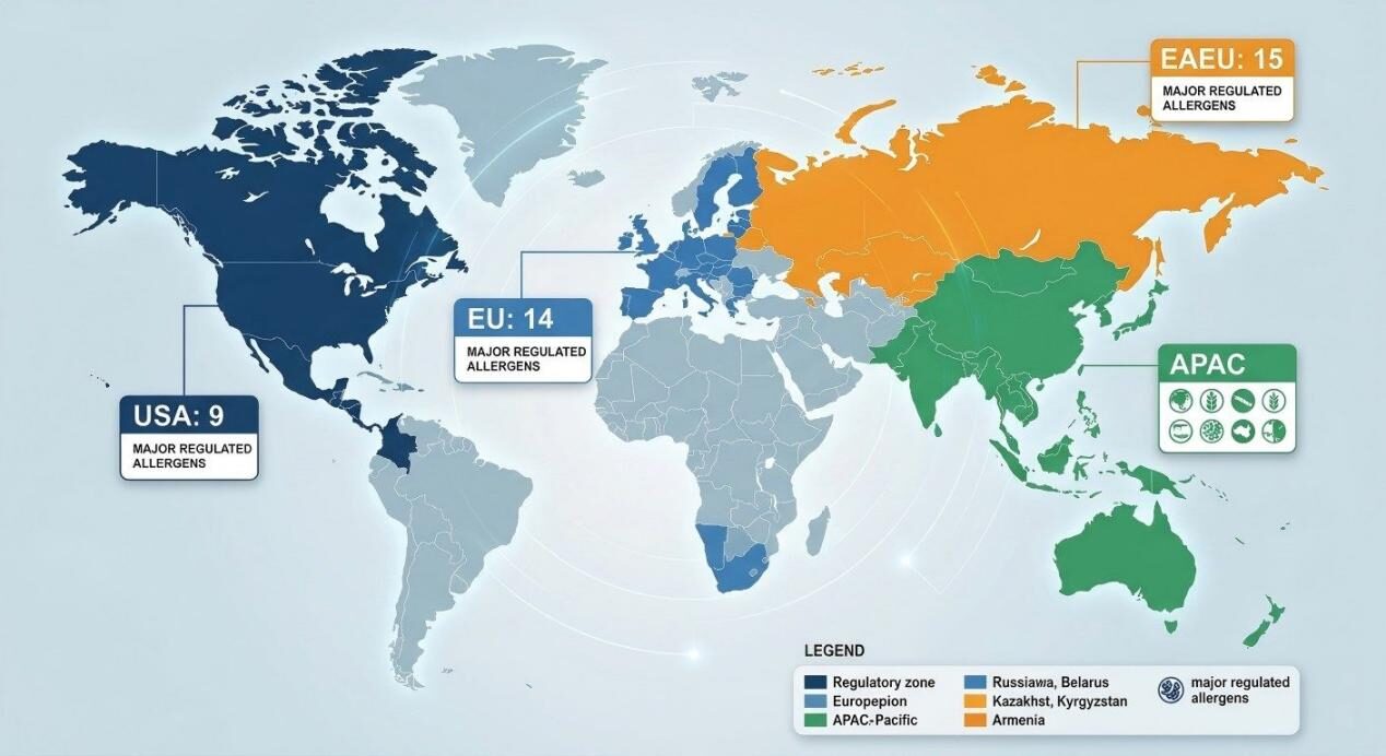Technical infographic map contrasting allergen regulation counts across the USA, EU, and EAEU markets for flavor manufacturers and exporters.