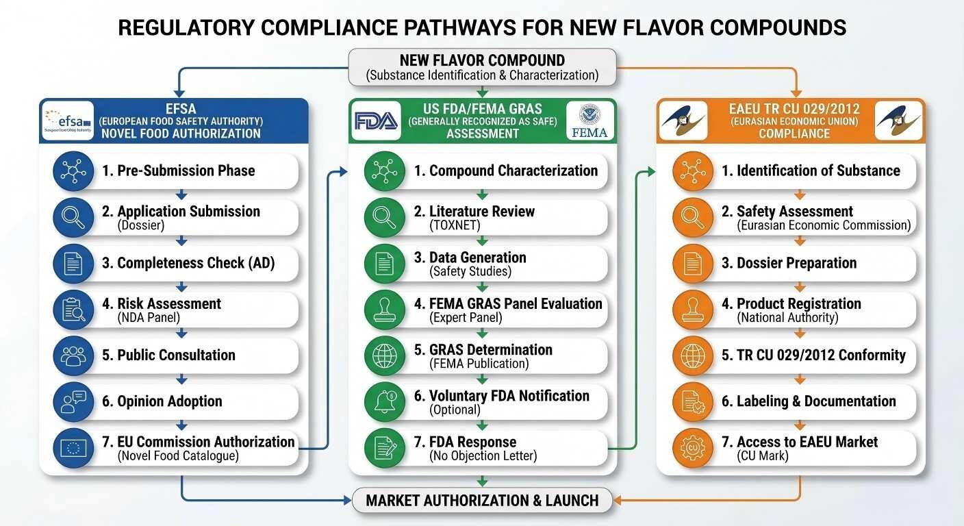 A comprehensive flowchart detailing regulatory pathways for new flavor compounds across EFSA, FDA, and EAEU standards.