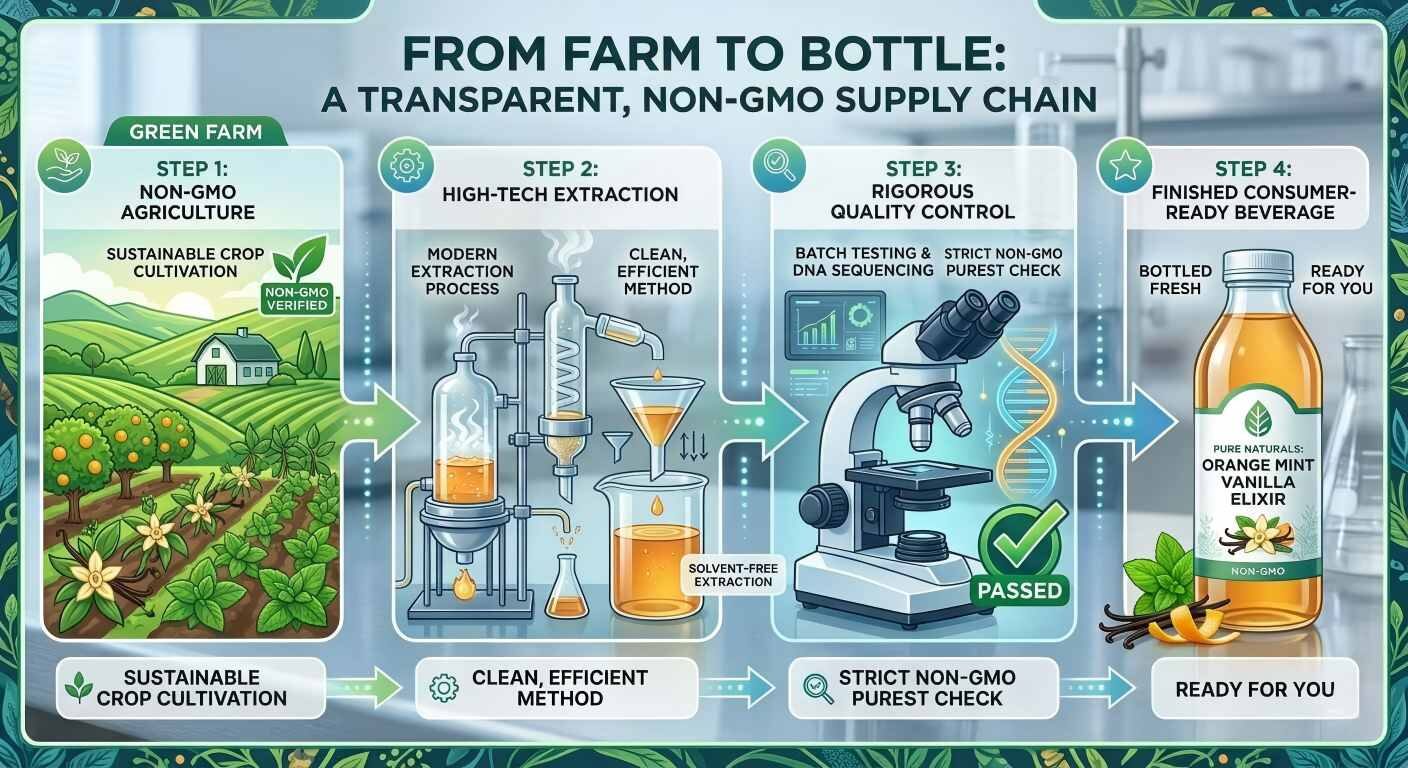 An educational infographic illustrating the journey of ingredients from non-GMO farms to high-tech extraction.