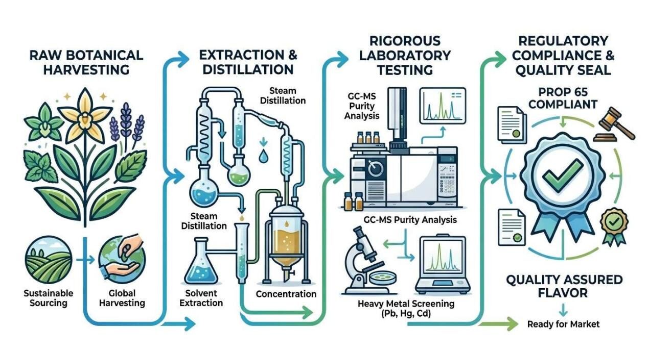 An educational infographic detailing the journey of flavors from sustainable botanical harvesting through distillation, testing, and regulatory certification.