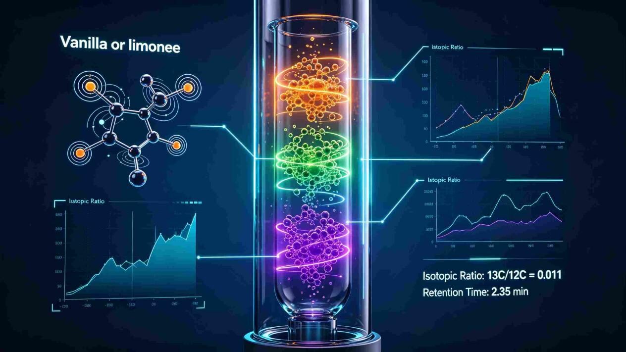 Detailed 3D render showing flavor molecule separation on a chromatography column with glowing scientific data graphs for precision chemical analysis.