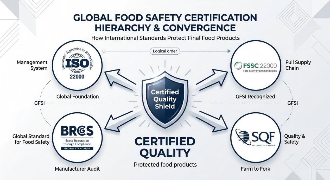 Minimalist infographic detailing the hierarchy of global food safety standards including FSSC 22000, BRCGS, and ISO.