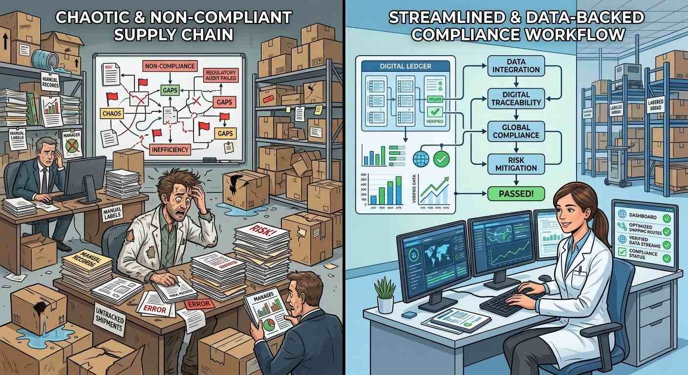 Visual comparison of chaotic supply chains versus streamlined, data-backed compliance workflows designed to ensure order and mitigate operational risks.