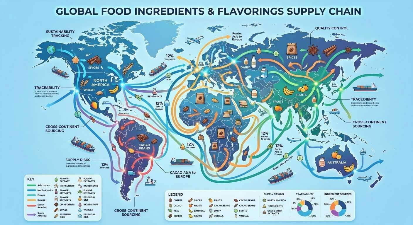 An interconnected map showing the global movement of food ingredients and flavorings across continents.
