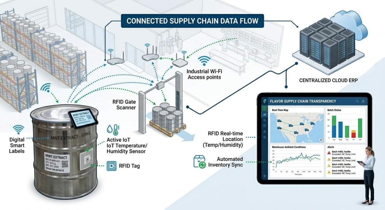 A detailed infographic showing data flow from IoT sensors and RFID scanners to a centralized cloud ERP dashboard.