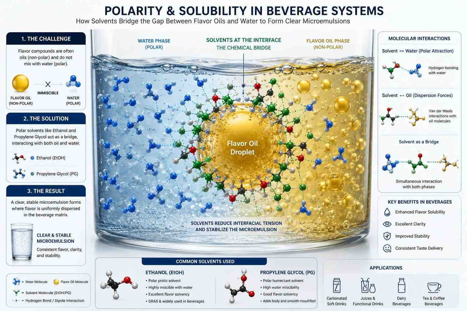Detailed scientific diagram illustrating polarity and solubility in beverage systems, showing how solvents enable stable microemulsion formation between water and flavor oils.