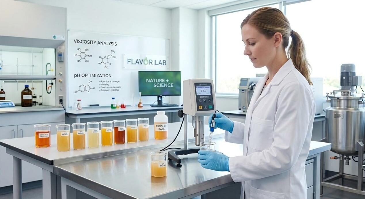 A professional food scientist analyzes custom flavor batches within a product base to ensure perfect viscosity and pH balance.