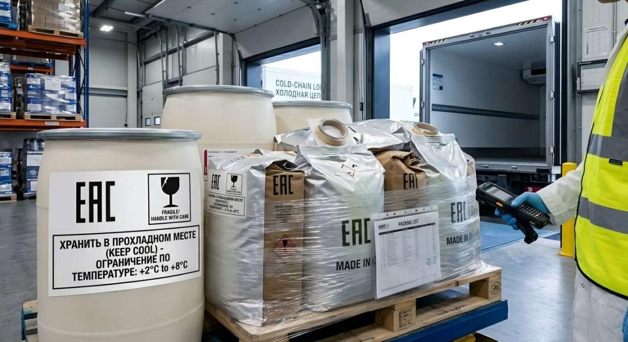 Pallets of flavoring containers with EAC markings prepared for the rigorous transport conditions of the Eurasian market.