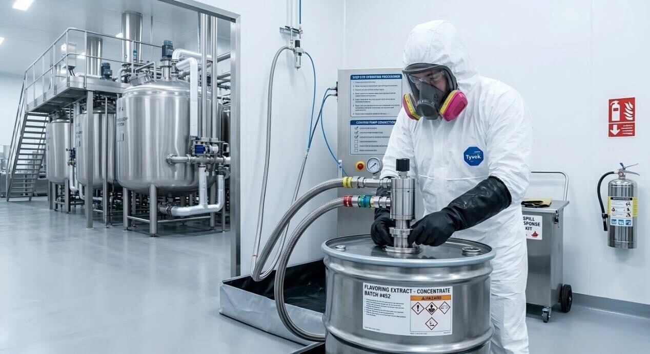 An industrial worker wearing a full Tyvek suit, half-face respirator, and chemical-resistant gauntlets securely operates a closed-loop pneumatic pump.