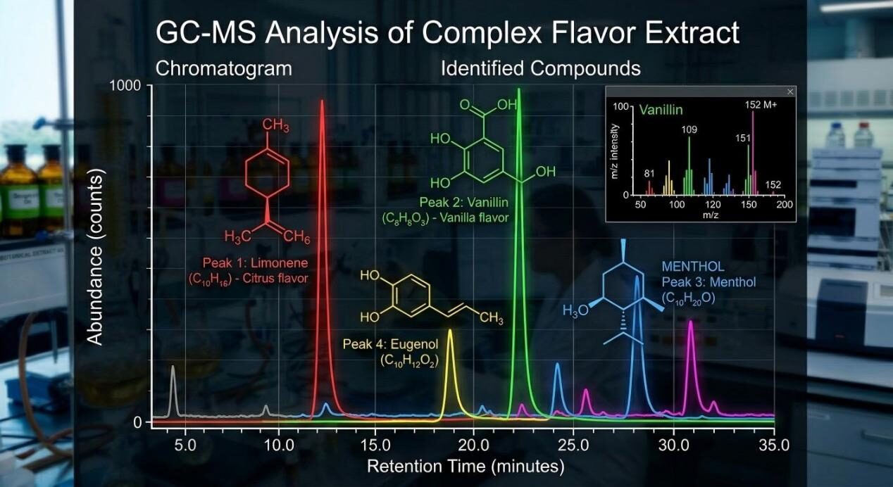 A close-up graphic of a Gas Chromatography-Mass Spectrometry (GC-MS) readout graph displaying colorful peaks overlaid with chemical formulas of flavor molecules.