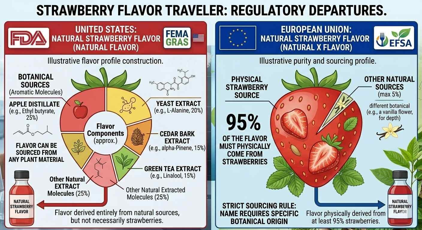 Comparing US and EU regulations for natural strawberry flavor labeling and source requirements.