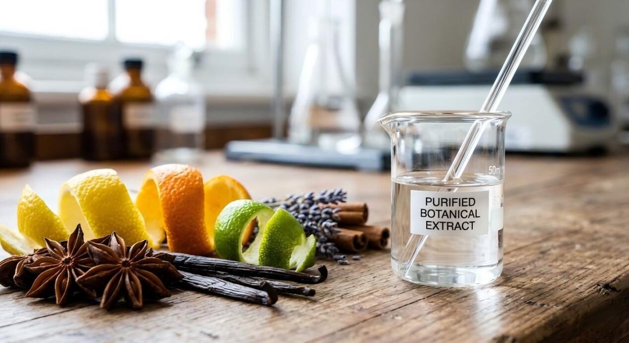 Macro photography showing the transition from raw botanical ingredients to a purified, regulated flavor component.