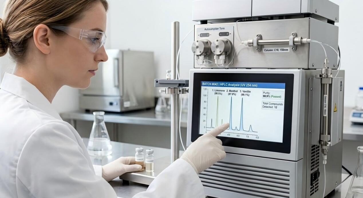 A professional look at laboratory quality control, featuring a scientist verifying flavor compound purity.