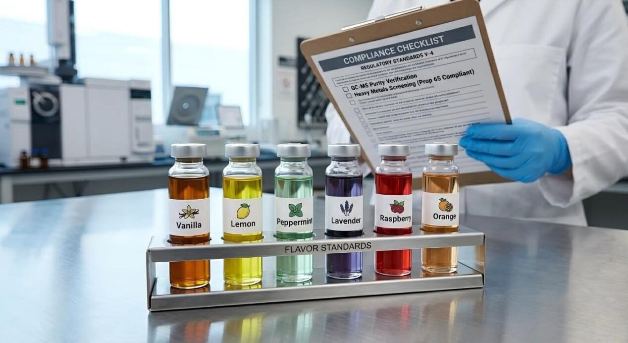 A close-up of labeled flavor extract vials on a steel table, with a professional documenting regulatory compliance standards in the background.