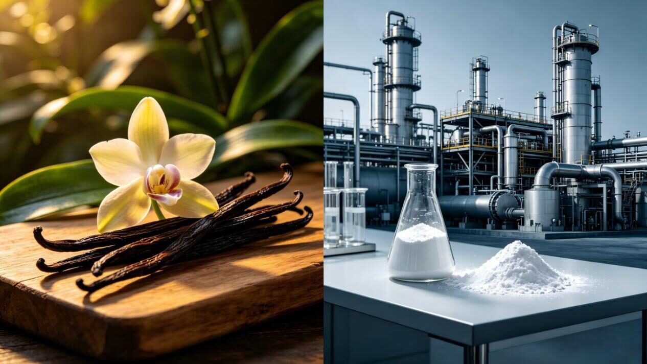 Visual contrast between natural vanilla from vanilla orchids and industrial synthetic flavor powder, comparing real agricultural flavors and cheap synthetic additives.