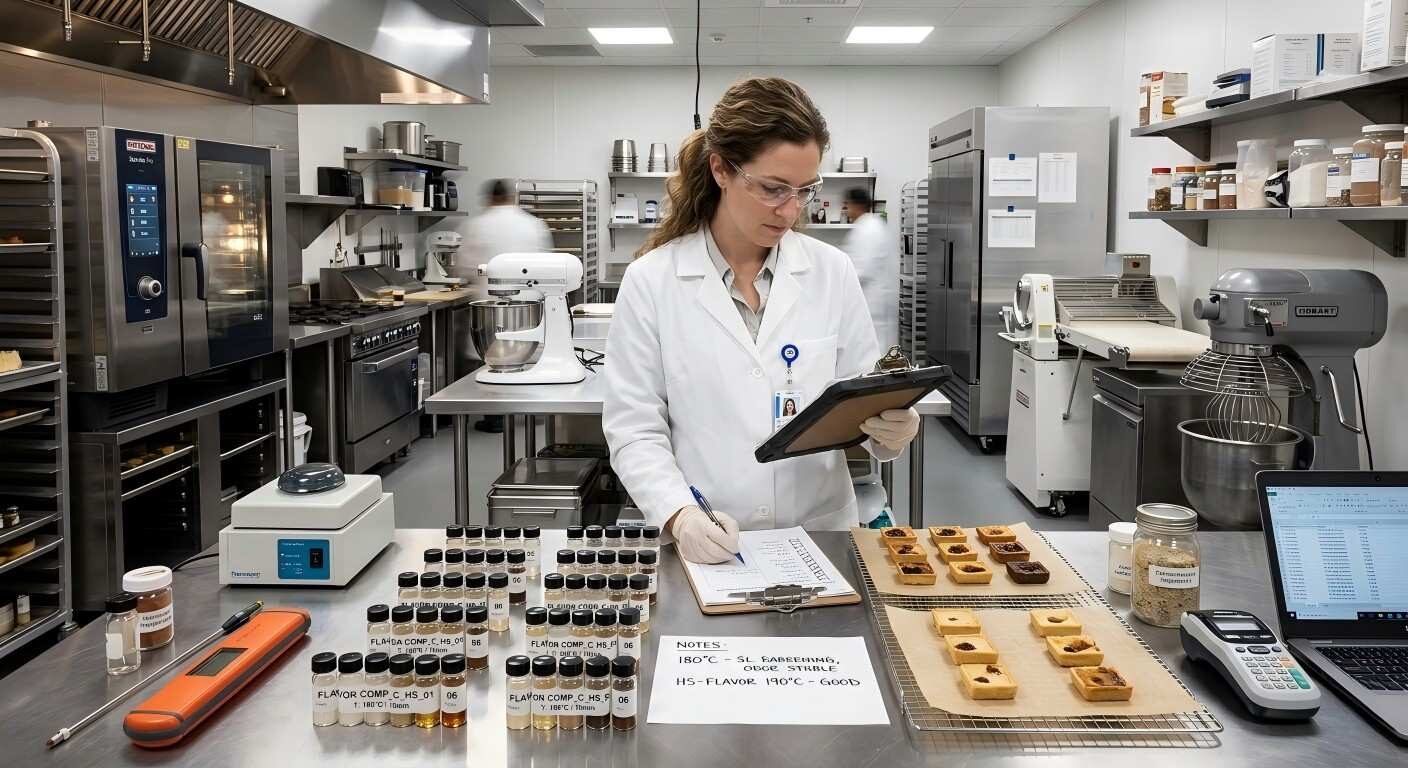 A professional food scientist conducts rigorous heat-stability testing on new flavor compounds in our advanced R&D kitchen.