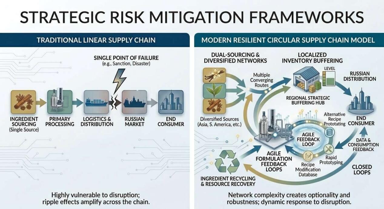 A strategic diagram comparing traditional linear supply chains with modern resilient circular models, featuring dual-sourcing and localized inventory.