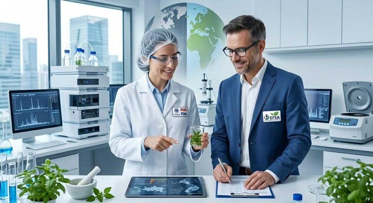 Professional scientists collaborating in a modern laboratory to ensure food safety and regulatory compliance.