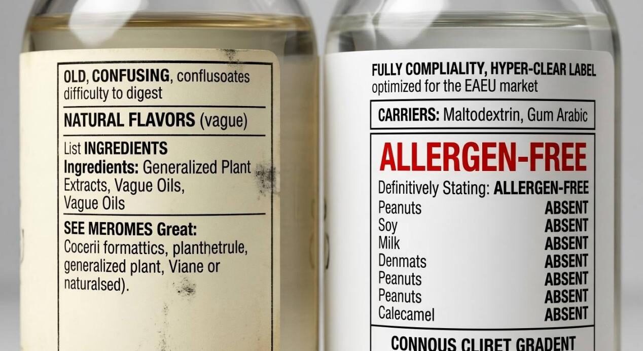 A side-by-side comparison demonstrating the value of transparent, EAEU-compliant labeling for food flavorings, explicitly declaring carriers and allergens.