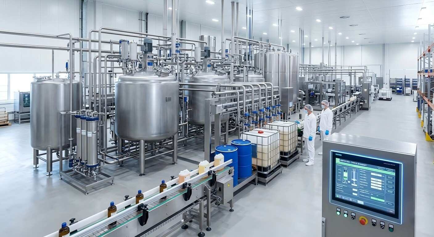 A pristine, automated stainless-steel facility for high-volume flavor blending and manufacturing precision.