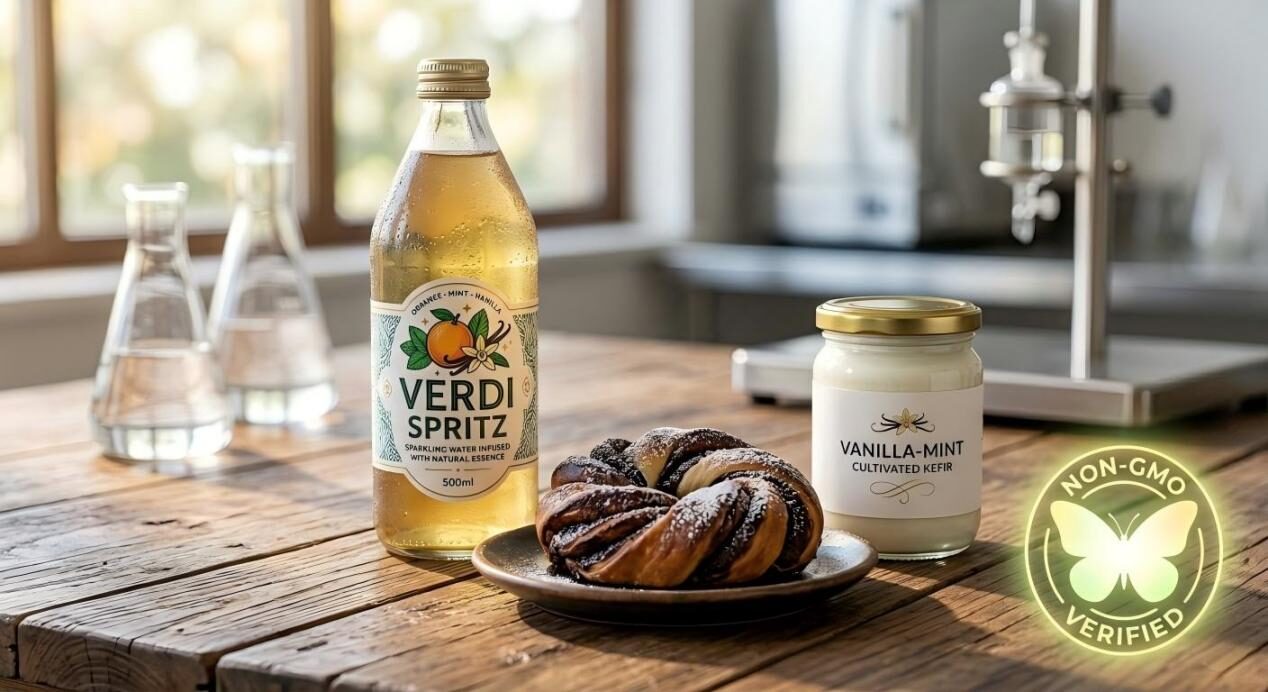 Vibrant product photography highlighting non-GMO verified gourmet food and beverage items.