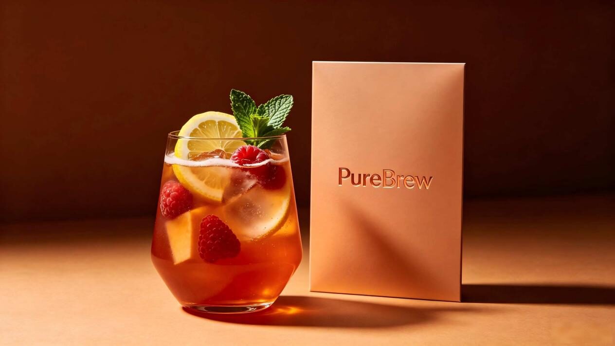 Warm inviting shot of a delicious artisanal fruit beverage alongside modern branded packaging, showcasing safe, high-quality consumer flavor products.