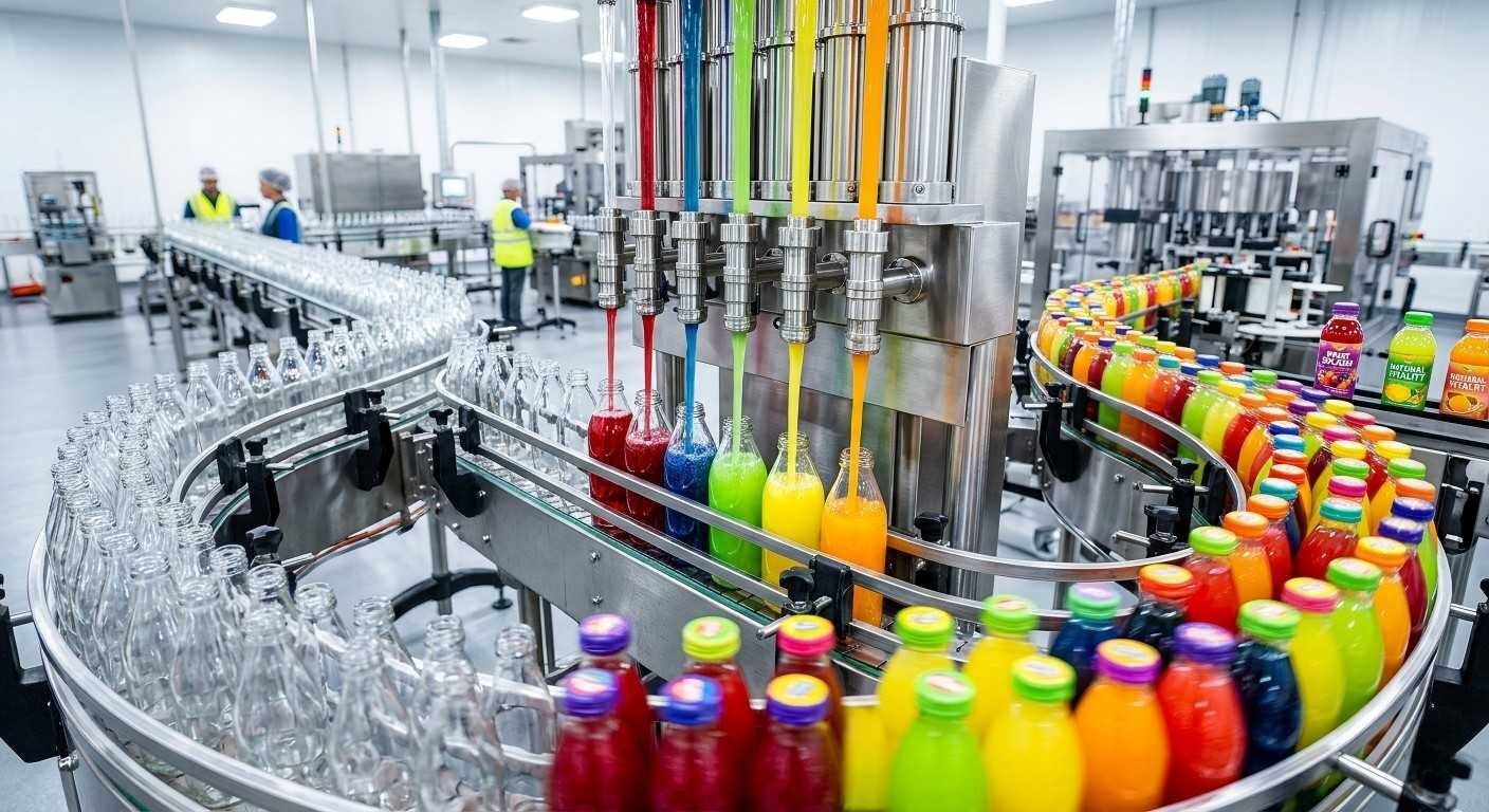 A dynamic, fast-paced shot of a modern beverage bottling line, featuring brightly colored liquids filling clear glass bottles on an automated conveyor belt.