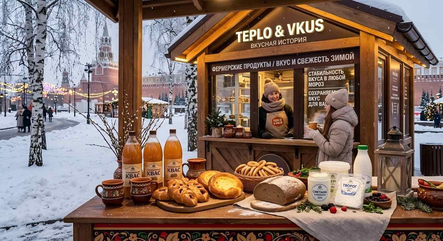 A visually appealing showcase of modern Russian food logistics featuring kvass, premium baked goods, and dairy products. This image emphasizes the practical application of flavor stability for traditional products in harsh cold climates.