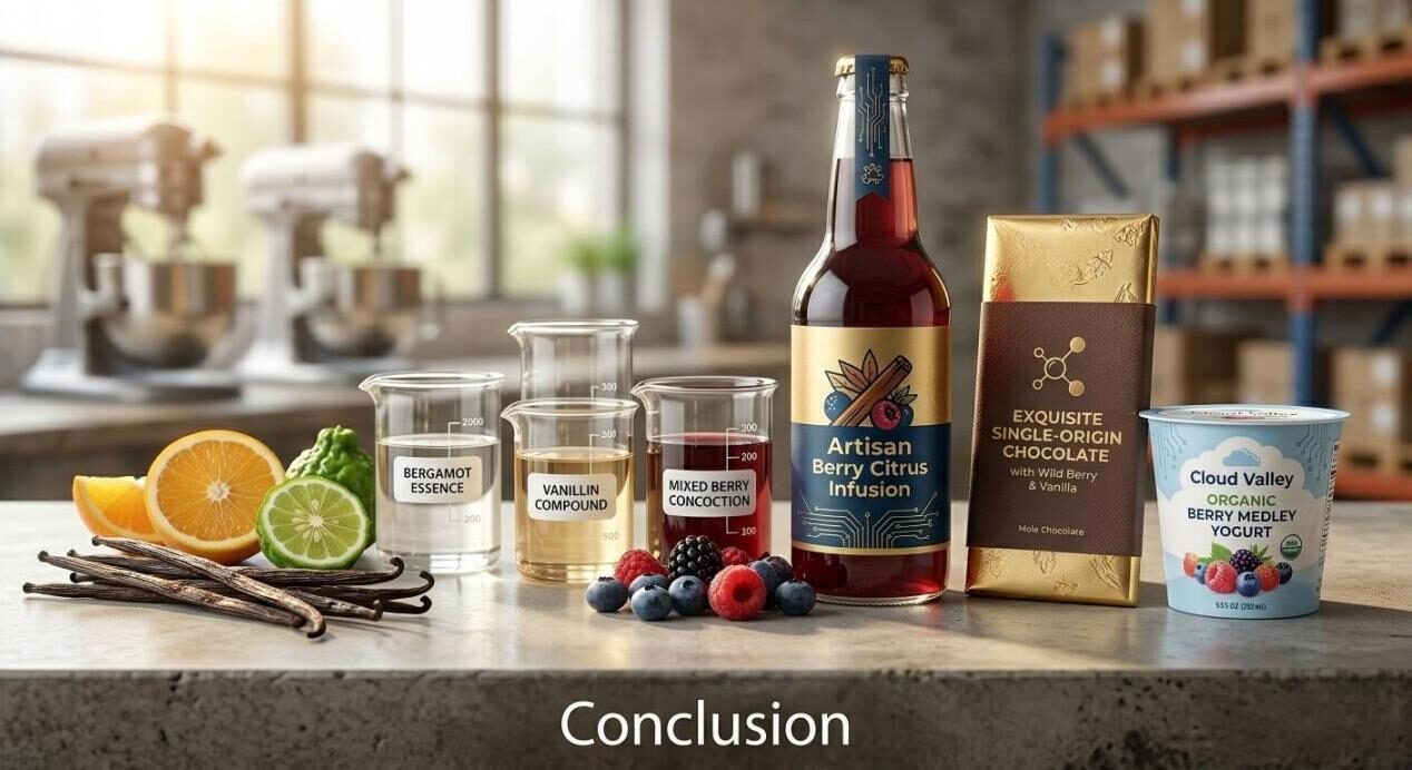 A visual showcase of raw botanical ingredients, liquid flavorings, and premium finished food and beverage products representing a successful supply chain.