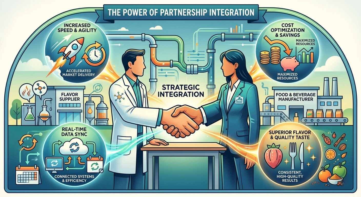 Stylized graphic illustrating the strategic partnership between flavor suppliers and food manufacturers with efficiency icons.