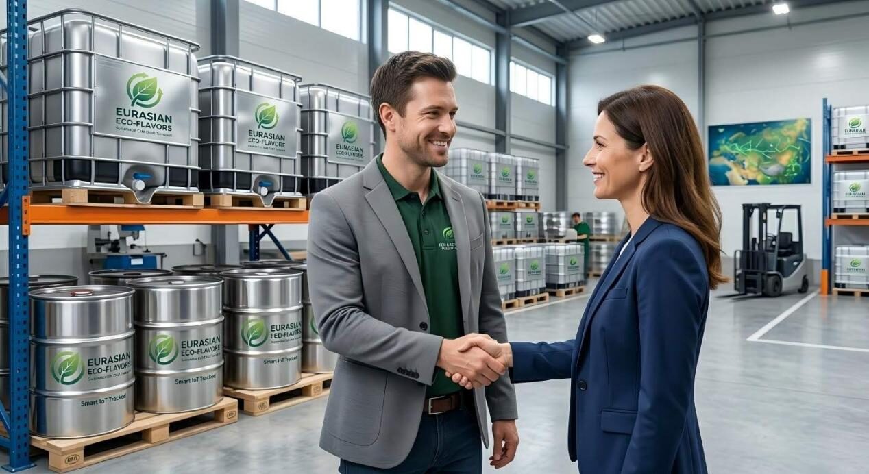 Professional image of a logistics manager and client in a clean warehouse with eco-friendly flavor drums.