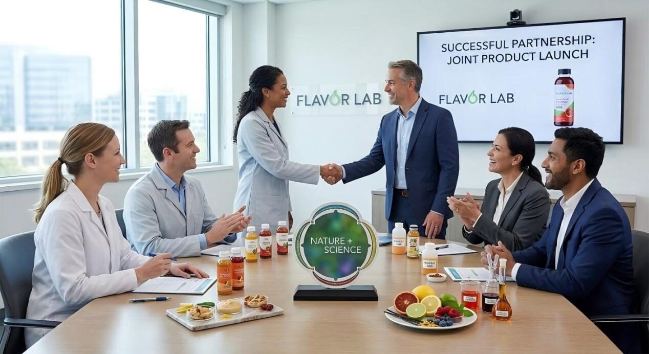 Food scientists and corporate clients celebrate a successful partnership and product launch during a professional tasting and review session.