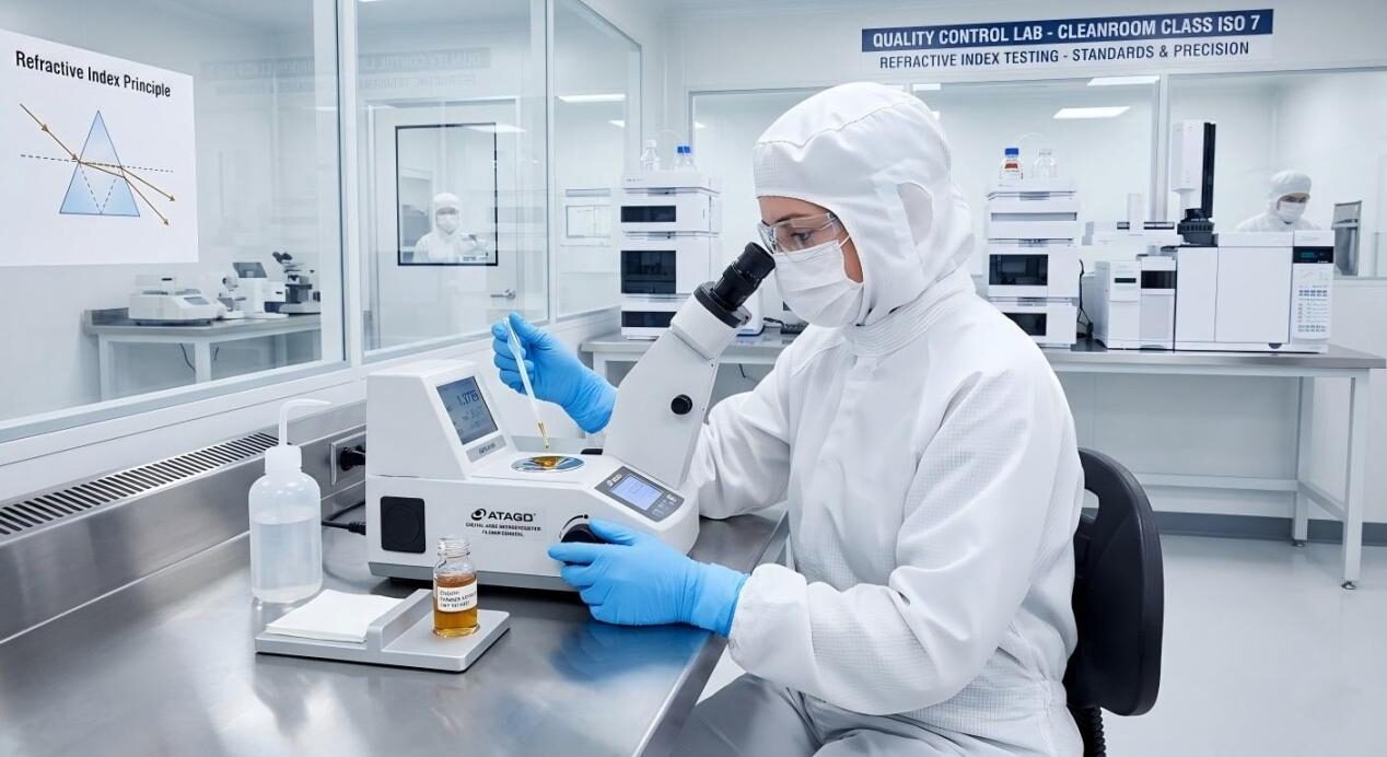 Professional laboratory technician conducting refractive index tests to ensure the highest standards of chemical purity.