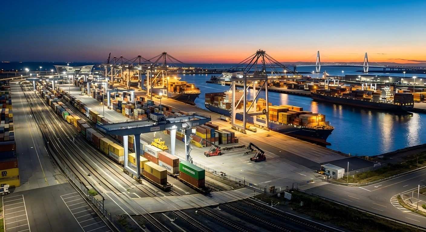 Scenic evening view of a modern intermodal logistics terminal, symbolizing global supply chain resilience, seamless trade, and industrial integration.
