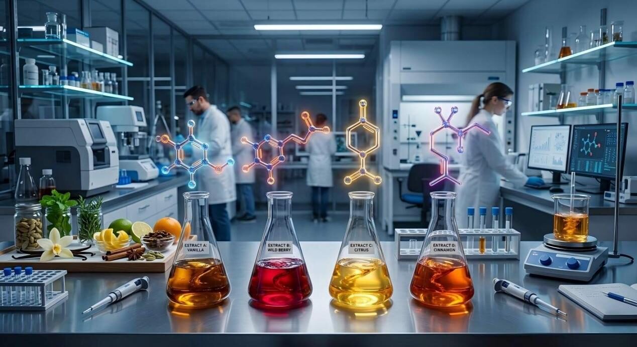 Una vista cinematográfica de un moderno laboratorio de química de sabores que presenta estructuras moleculares brillantes y extractos botánicos.