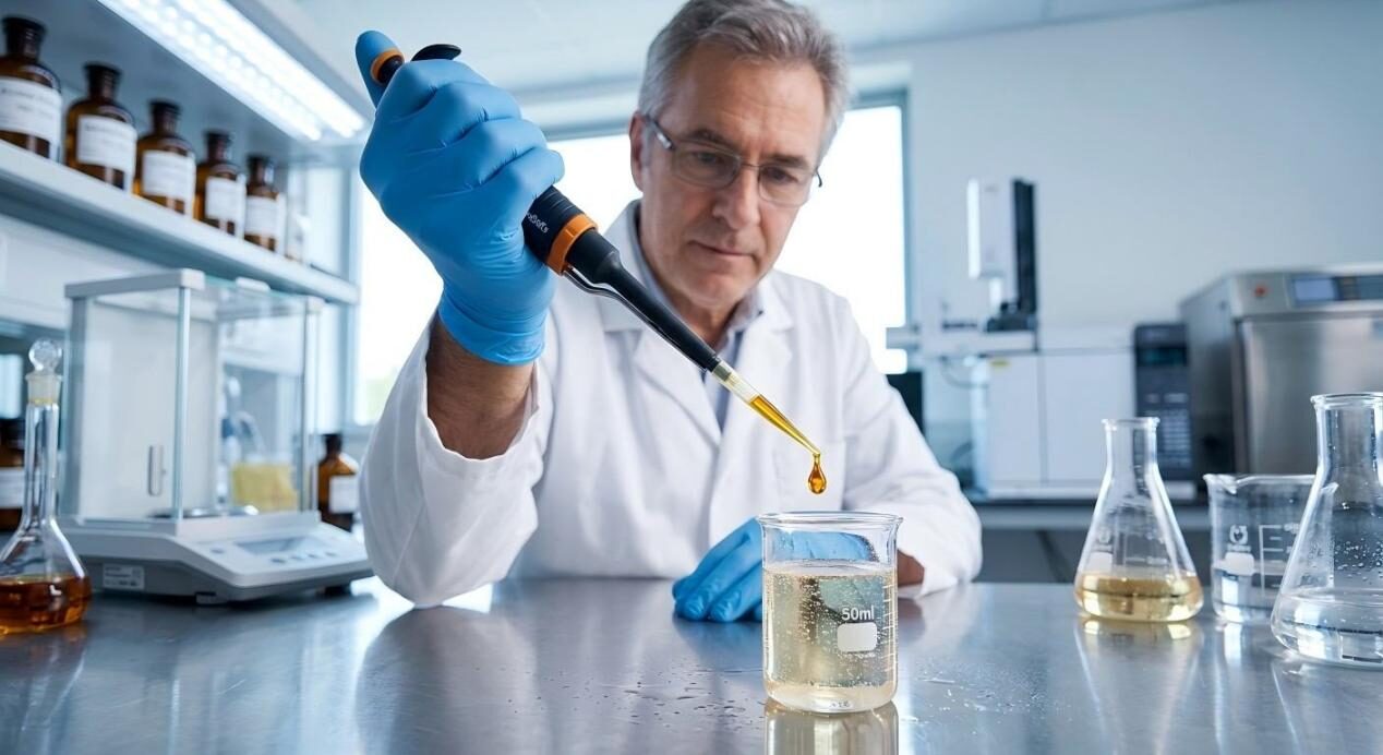 Una fotografía macro detallada de un saborista que utiliza una pipeta de precisión para crear formulaciones de bebidas complejas.